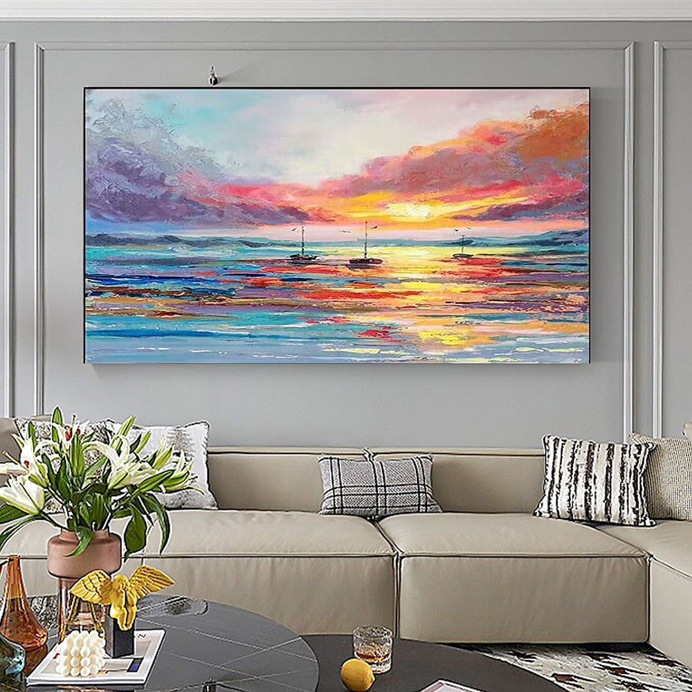Pure Hand painted Sunset Sea Sky Ocean Beach Landscape Colorful Abstract Wall Art Extra Large Panoramic Oil Painting On Canvas 2025 - $83.99 –P10