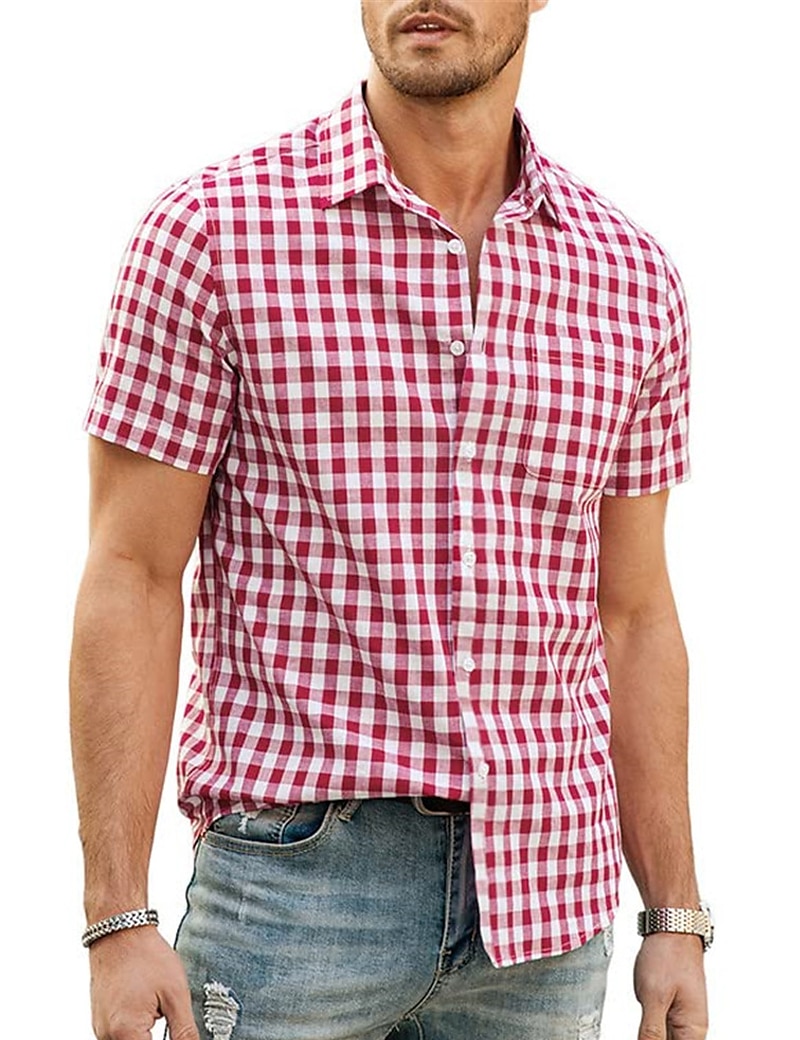 Men's Shirt Summer Shirt Casual Shirt Beach Shirt Button Up Shirt Checked Shirts Black Royal Blue Blue Red Dark Blue Short Sleeve Plaid / Check Lapel Vacation Daily Clothing Apparel Cotton Cotton 2025 - $21.99 –P14