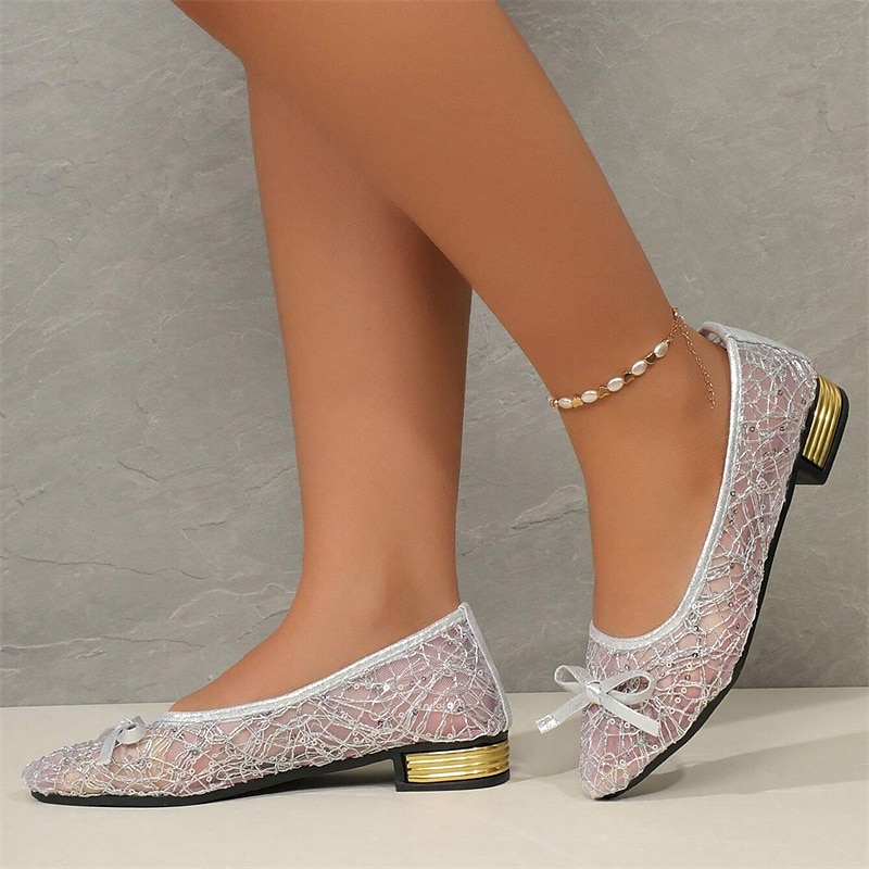 Women's Flats Plus Size Sparkly Sandals Comfort Shoes Outdoor Daily Solid Color Summer Bowknot Lace Chunky Heel Pointed Toe Elegant Casual PU Loafer Silver Gold 2023 - AED 90 –P4