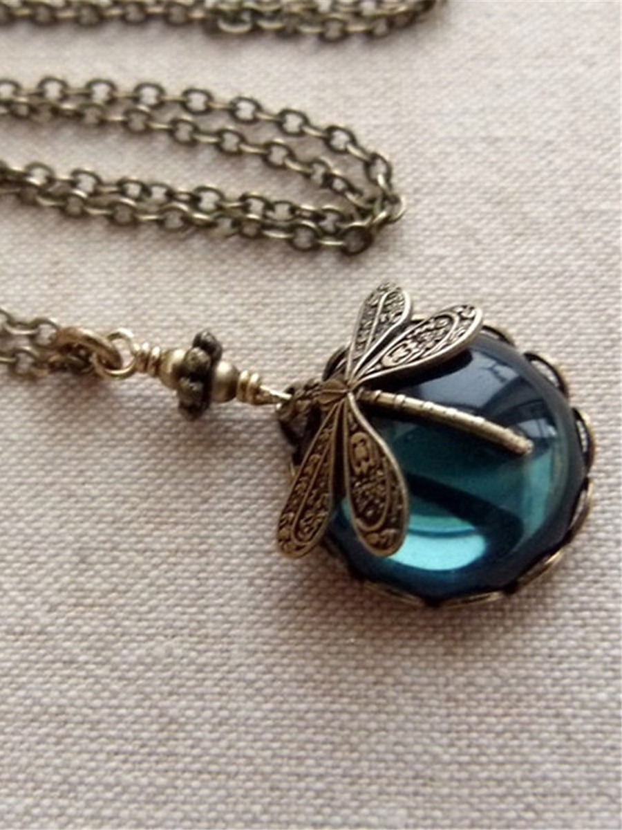 colier de damă 1 bucată pandantiv libelulă cabochon din sticlă verde lanț vintage moda boemă coliere creative în aer liber cu animale 2025 - $7.49 –P1
