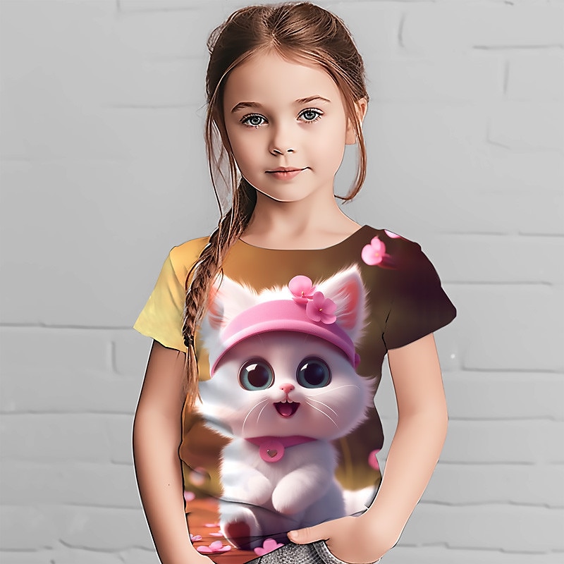 dziewczęca koszulka z nadrukiem 3d z motywem zwierzęcym i kotem, krótki rękaw, nadruk 3d, letnia, wiosenna, aktywna, modna, śliczna, poliester, dziecięca, 4-12 lat, na zewnątrz, swobodna, codzienna, regularna 2025 - $11.49 –P1