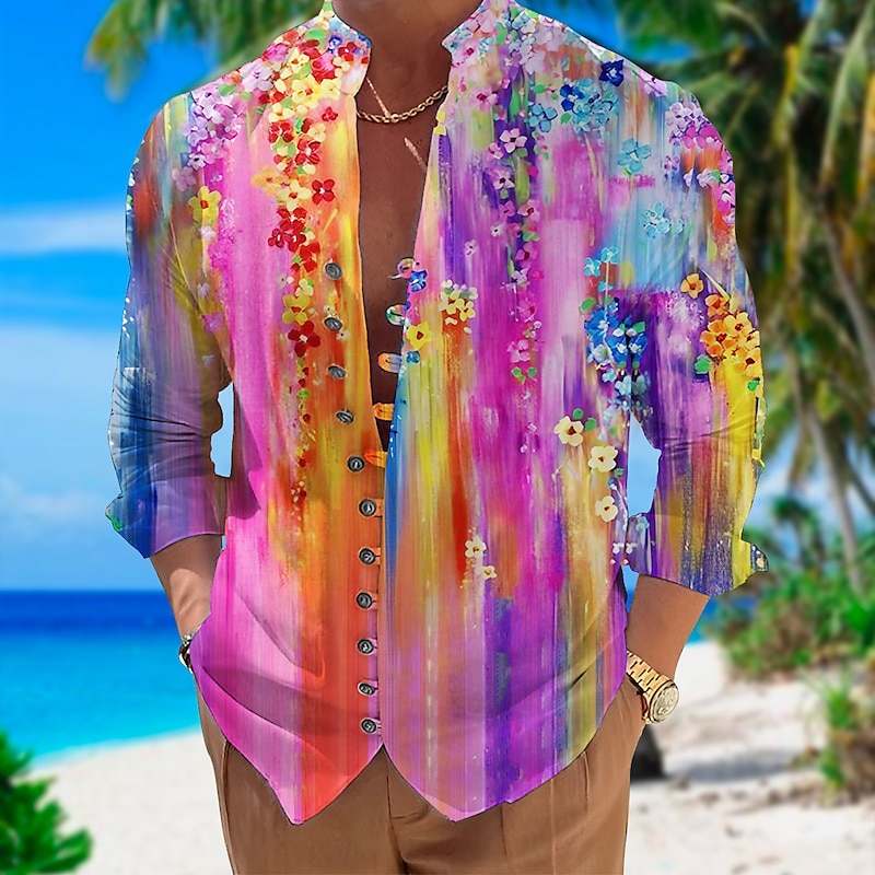 Férfi Virágos Trópusi virágok Ing Hawaii ing Aloha ing Hosszú ujj Ing Állógallér Divat Utcai sikk Dizájn Szabadtéri Utca Hétköznapi Sárga Arcpír rózsaszín Medence S M L 2025 - $27.99 –P4