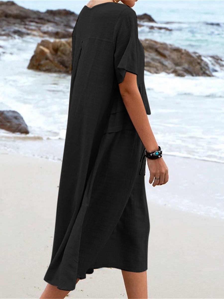 Women's Cotton Linen Dress Short Sleeve Round Neck Beach Summer
