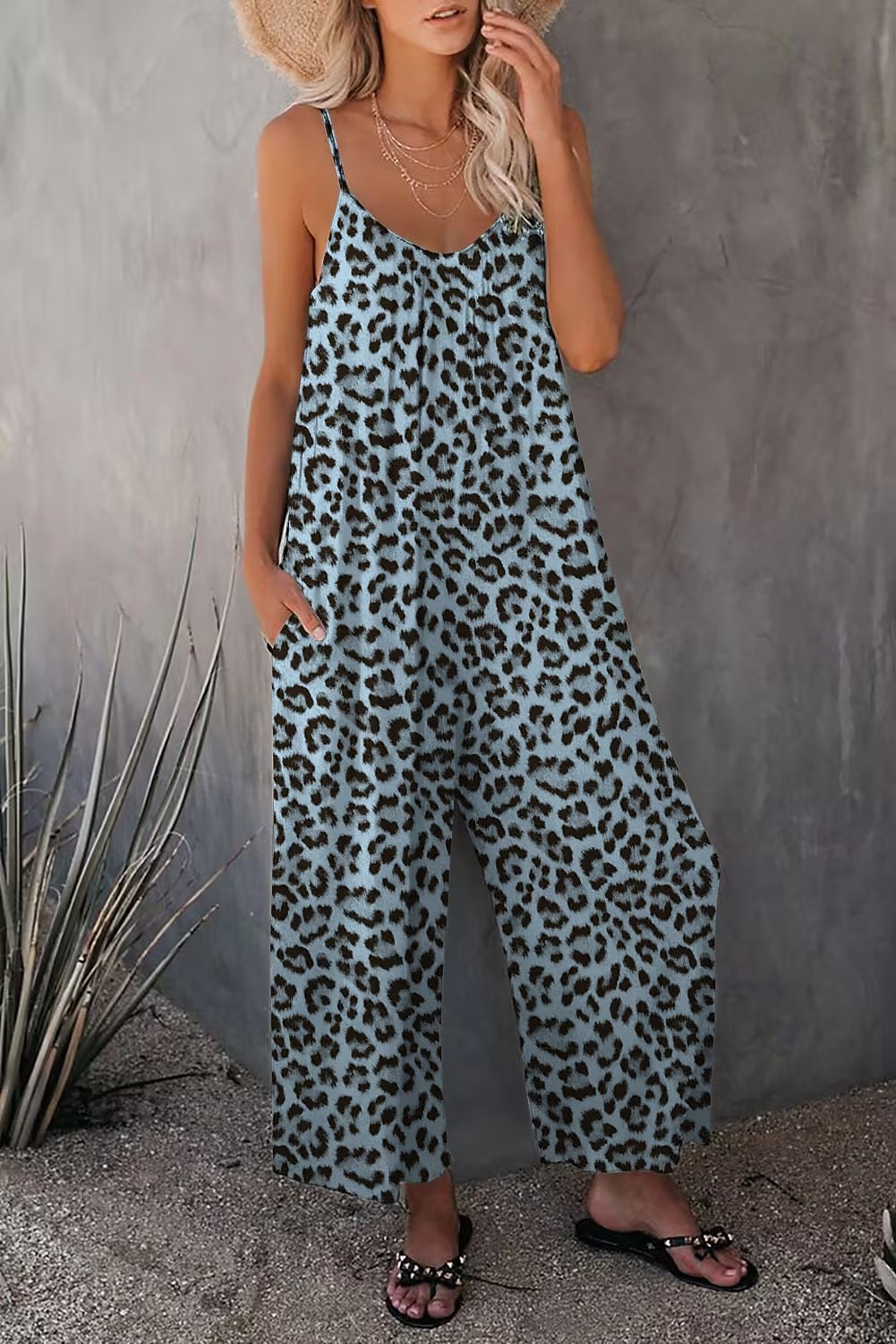 női jumpsuit egyszínű v nyak ünnepnapi kirándulás széles lábszár laza spagetti pántos khaki 3xl nyári 2025 - $24.99 –P16