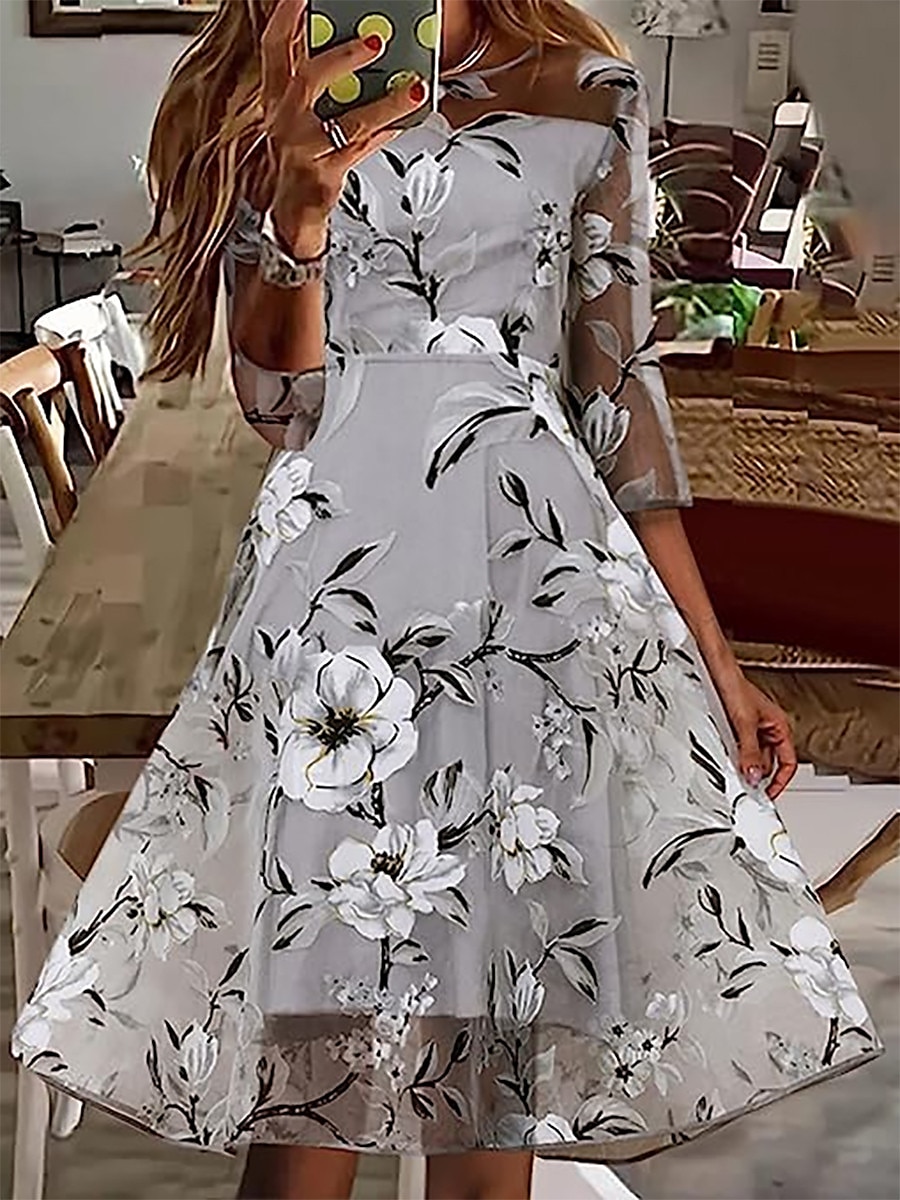 3/4 Sleeve Crew Neck All Over Floral Printed A-Line Midi Dress
