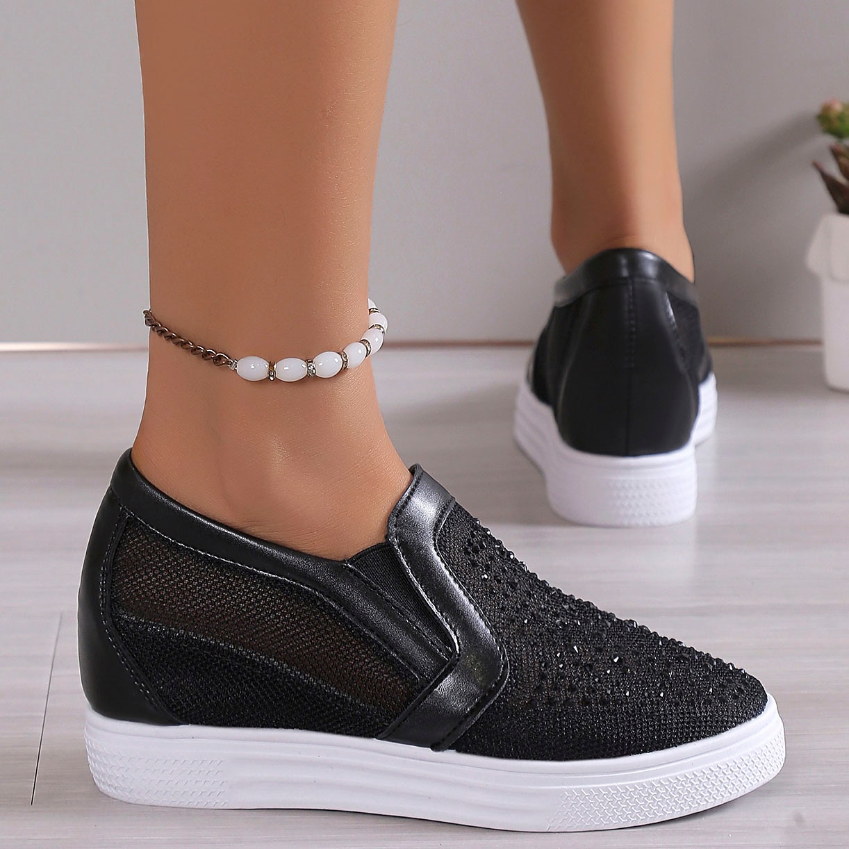 Women's Sneakers Slip-Ons Wedge Heels Height Increasing Shoes Platform Sneakers Daily Solid Color Galaxy Glow in the Dark Rhinestone Wedge Heel Hidden Heel Round Toe Fashion Sporty Casual Walking Mesh 2023 - AED 139 –P6