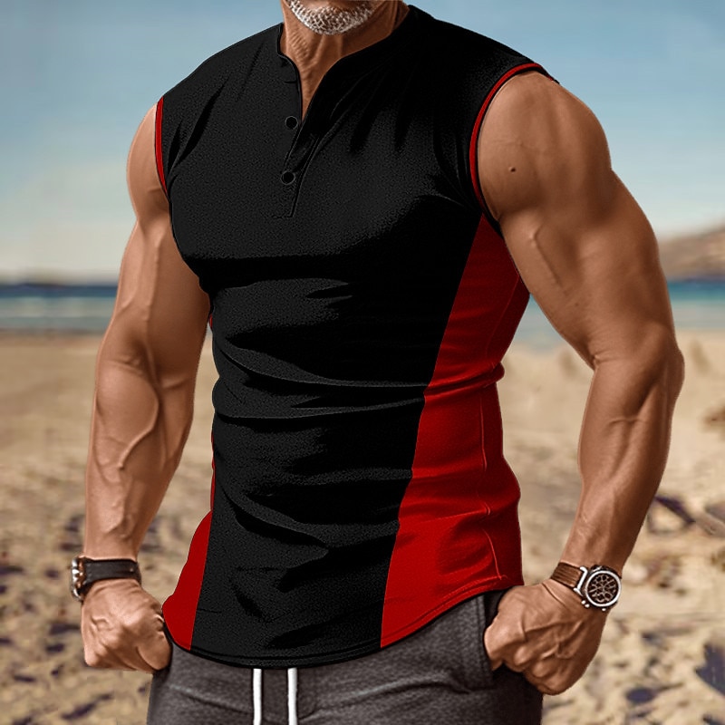 Herre Singleter Vest topp Underskjorte Ermeløs skjorte Ermeløs Henley krage Sommer Fargeblokk Mote Designer Muskel Knapper utendørs Ut på byen Treningssenter Svart Hvit Rød Topp T-skjorte for menn 2025 - $16.49 –P5
