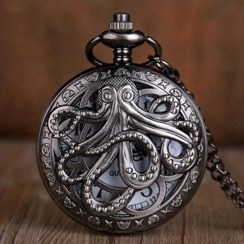 Vintage Pocket Watch with Chain Punk Black Octopus Pattern 