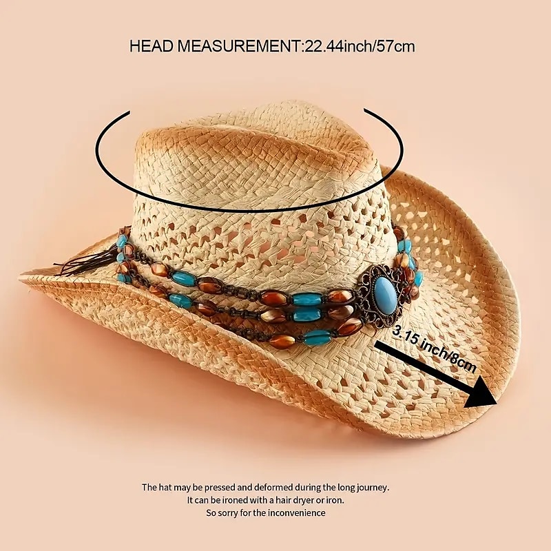 Elegante chapéu de palha de vaqueiro ocidental com decoração de corrente de jade falsa tecida à mão – perfeito para passeios de verão na praia! de 2025 por $24.99 –P1