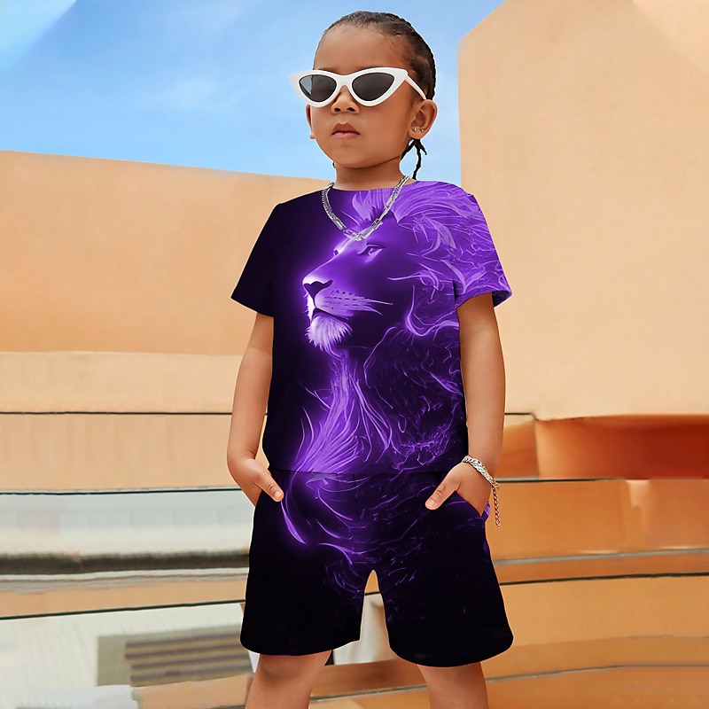 Set îmbrăcăminte băieți, tricou și pantaloni scurți cu grafică 3D pentru animale leu, set îmbrăcăminte mânecă scurtă, imprimeuri 3D, vară primăvară, sport activ, la modă, poliester, copii 4-12 ani, activități în aer liber, stradă, vacanță, croială standar 2025 - $17.99 –P9