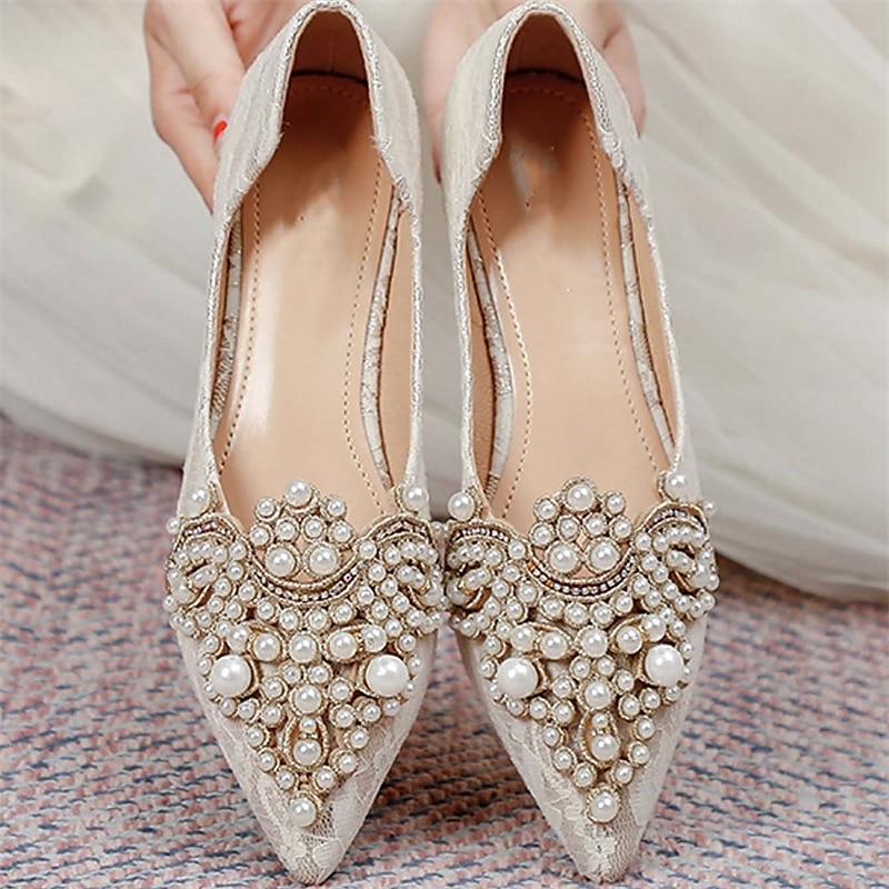 Hochzeitsschuhe für Braut, Brautjungfer, Damen, geschlossene Zehenpartie, spitze Zehenpartie, Aprikosenschwarze PU-Flats mit Imitationsperlenkristall, flacher Absatz, Hochzeit, Party, Valentinstag, eleganter Klassiker 2025 - $46.99 –P15