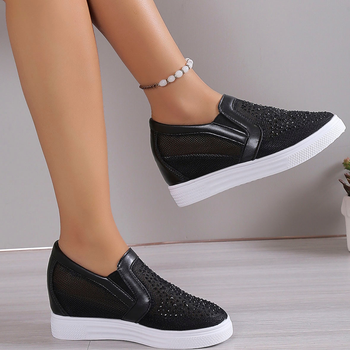 Women's Sneakers Slip-Ons Wedge Heels Height Increasing Shoes Platform Sneakers Daily Solid Color Galaxy Glow in the Dark Rhinestone Wedge Heel Hidden Heel Round Toe Fashion Sporty Casual Walking Mesh 2023 - AED 139 –P9