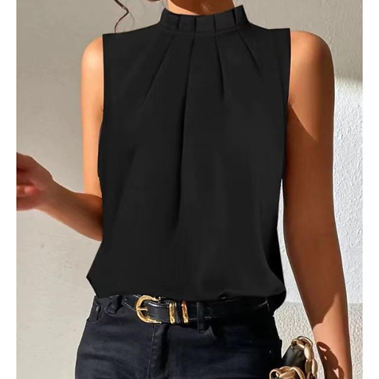 Camisola da donna canotta base senza maniche top regolari collo alto casual nero del 2025 a $17.49 –P1