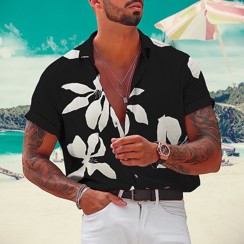 Men's Shirt Graphic Shirt Aloha Shirt Leaves Turndown Black White