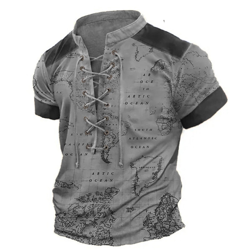 Men's T Shirt Graphic World Map Stand Collar Clothing Apparel 3D Print Daily Sports Going out Short Sleeve Lace up Print Vintage Fashion Designer Stylish 2025 - $21.99 –P4