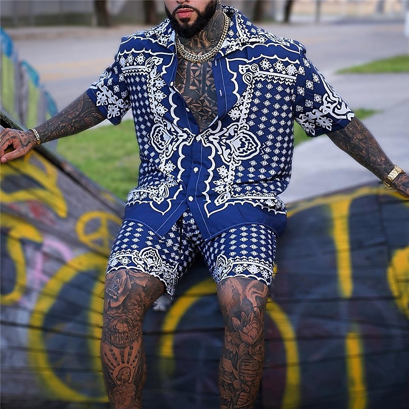 2026年 男性用 ペーズリー トライバル グラフィック シャツセット シャツ シャツセット アロハシャツ 半袖 折襟 ファッション ストリートファッション デザイナー アウトドア ストリート カジュアル プリント 夏 春 ルビーレッド ブルー  コレクション – $33.99 –P1
