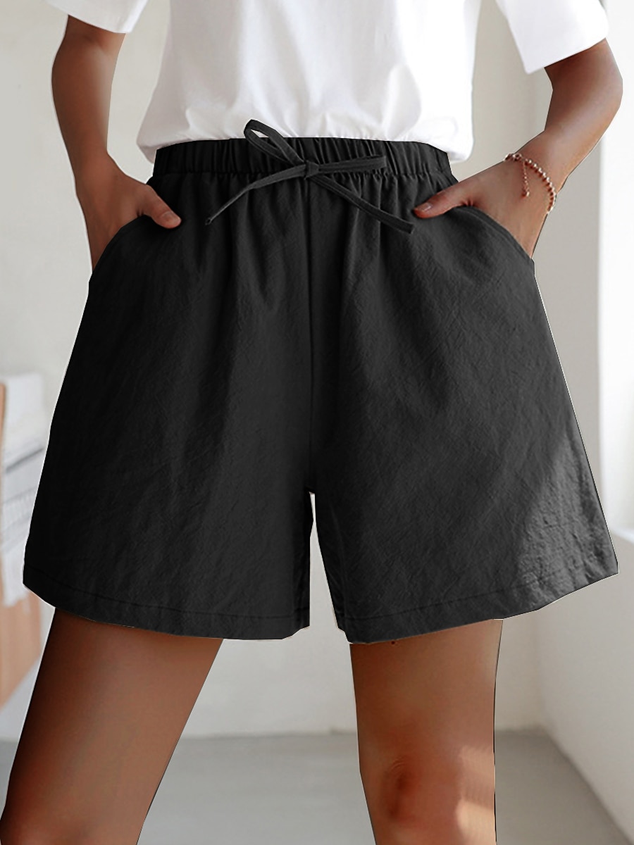 Women's Linen-Inspired Shorts Active Shorts Streetwear Simple Casual Short Mid Waist Plain Pocket Drawstring Breathable Soft Outdoor Micro-elastic Outdoor Vacation Casual Daily Ash Light Sky Blue 2025 - $12.99 –P9