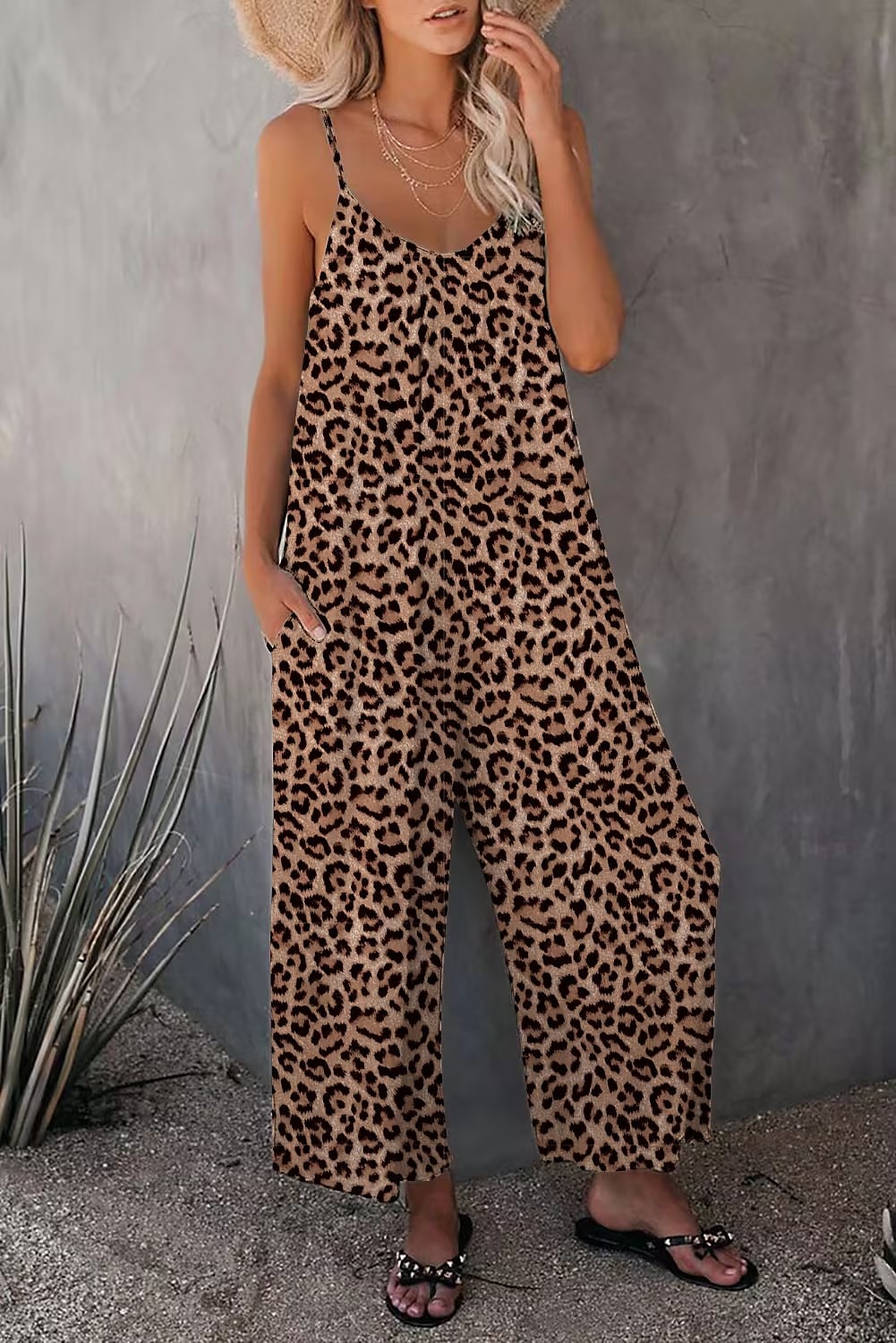 női jumpsuit egyszínű v nyak ünnepnapi kirándulás széles lábszár laza spagetti pántos khaki 3xl nyári 2025 - $24.99 –P10