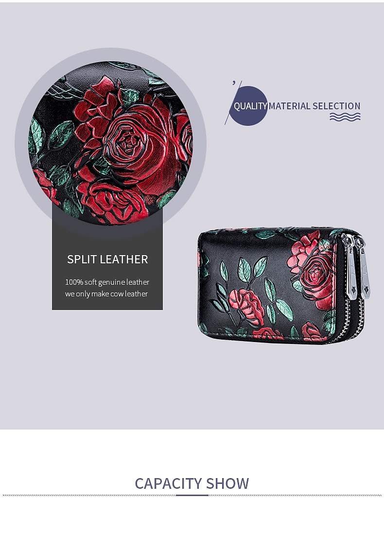mode rfid vrouwen kaarthouder split lederen dubbele rits kaarthouder grote capaciteit 3d bloem bedrukte dame vrouwen portefeuilles portemonnee 2025 - $20.99 –P4