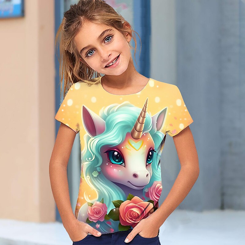 Flickor 3D Grafisk Tecknat Enhörnings T-shirt Kortärmad 3D-tryck Sommar Vår Aktiv Mode söt stil Polyester Barn 3-12 år Utomhus Ledigt Dagligen Normal 2025 - $11.49 –P3