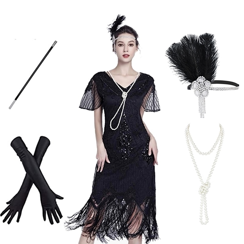 Goldene Zwanziger 1920er Knielang Kleid Flapper Kleid Outfits Kurze Ärmel Der große Gatsby Hochzeitsgast Pailletten Quastenfransen Pailletten Quaste V Ausschnitt Kostüm Damen Karneval Maskerade 2026 - $66.99 –P11