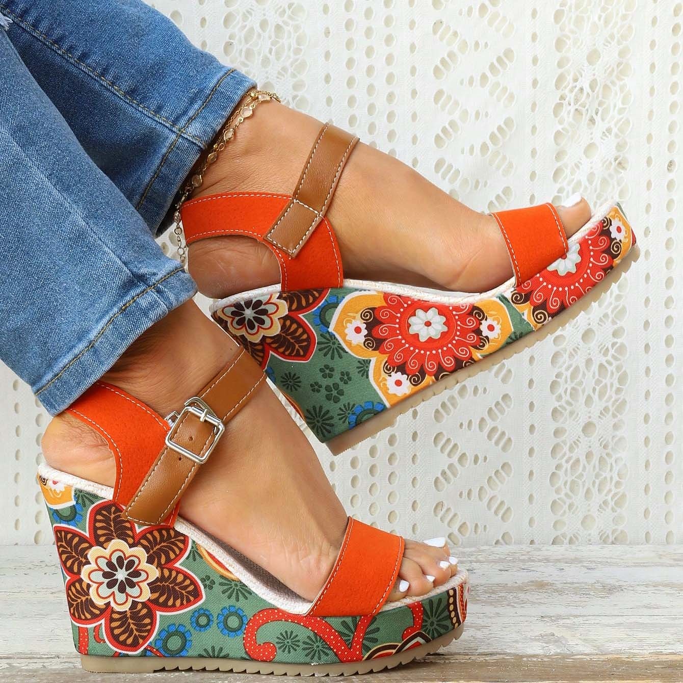 Damen-Keilsandalen im Boho-Stil mit Blumenmuster – offenes Plateaudesign mit verstellbaren Riemen für lässige Sommeroutfits 2026 - $32.99 –P16