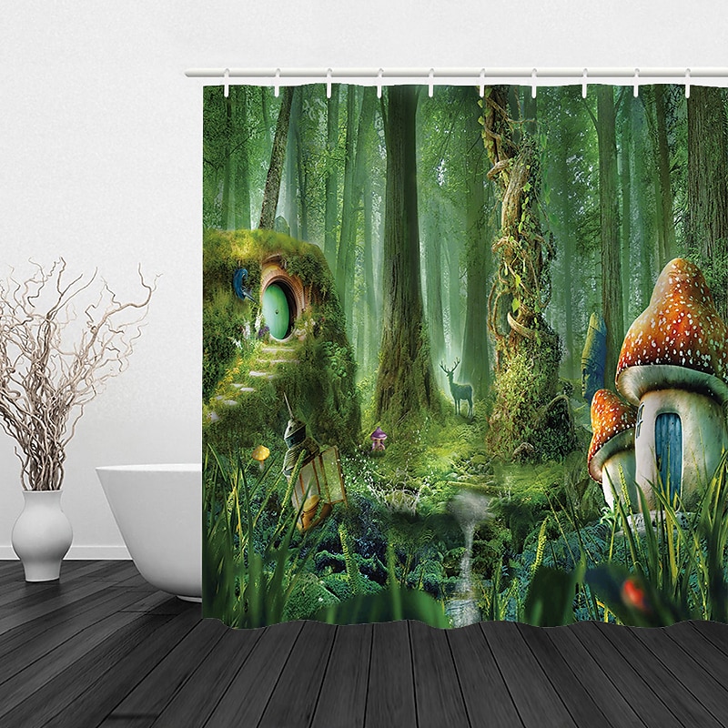 Zasłona prysznicowa z 12 haczykami 180 cm*180 cm (70"*70") poliestrowa wodoodporna nadająca się do prania wzór leśnego krajobrazu 2025 - $22.99 –P10