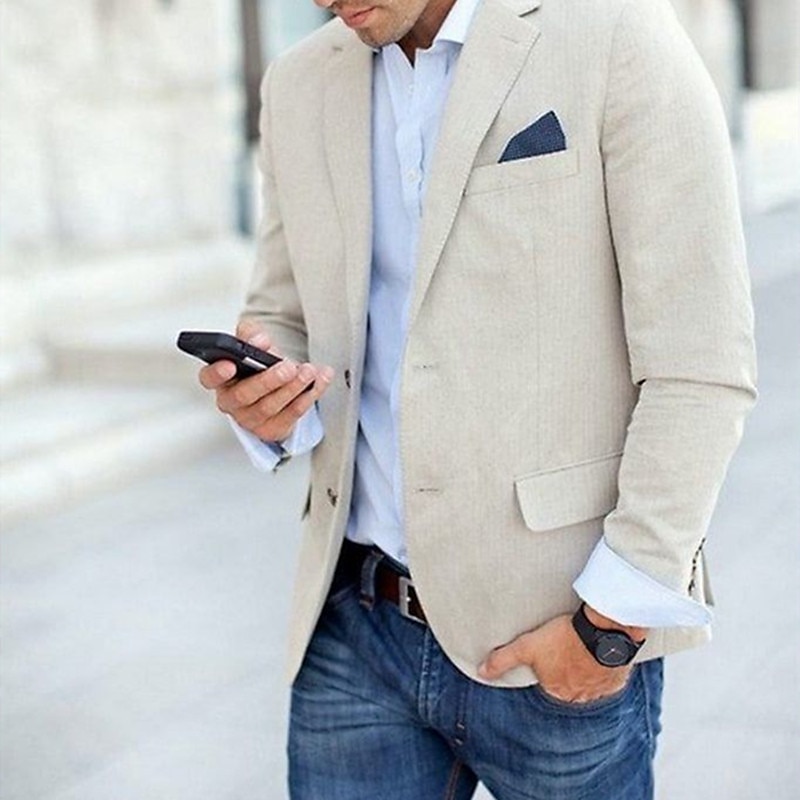 Homens Blazer de linho Casaco esportivo Colar de entalhe Moda Casual Cor Sólida Bege Moderno Comum 1 Butão de 2025 por $78.99 –P1