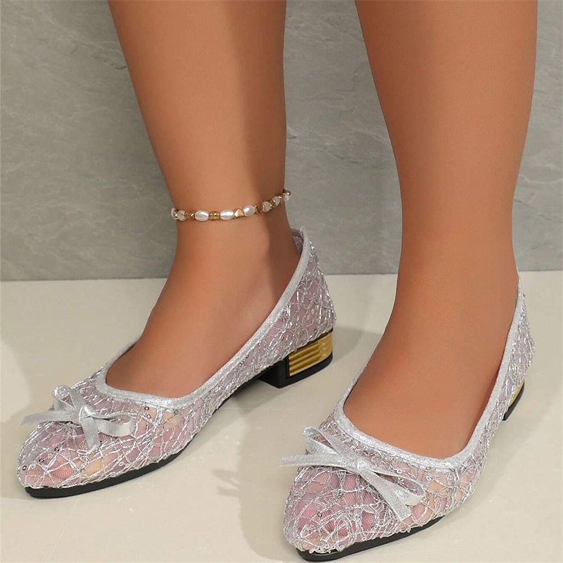 Women's Flats Plus Size Sparkly Sandals Comfort Shoes Outdoor Daily Solid Color Summer Bowknot Lace Chunky Heel Pointed Toe Elegant Casual PU Loafer Silver Gold 2023 - AED 90 –P3