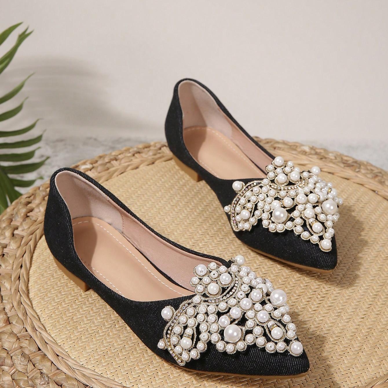 Hochzeitsschuhe für Braut, Brautjungfer, Damen, geschlossene Zehenpartie, spitze Zehenpartie, Aprikosenschwarze PU-Flats mit Imitationsperlenkristall, flacher Absatz, Hochzeit, Party, Valentinstag, eleganter Klassiker 2025 - $46.99 –P12