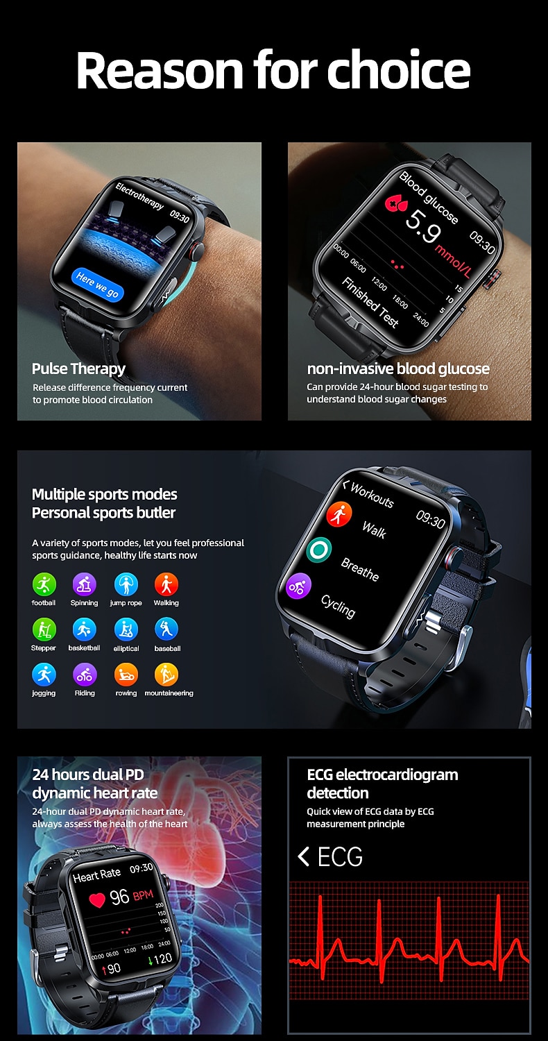 2025年 パルス理学療法 ECG 血糖値 スマートヘルスウォッチ フィットネス ランニングウォッチ Bluetooth 体温モニタリング 万歩計 Android iOS 対応 男女共用 IP68 防水  コレクション – $79.99 –P2