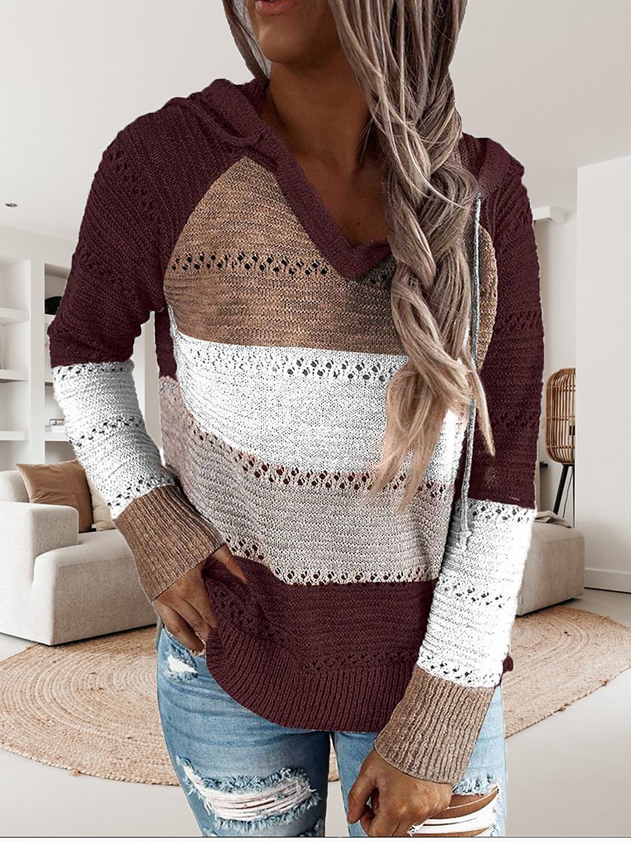 Mujer Suéter de punto Casual Suave Bloque de color Croché Con Capucha Delgado Manga Larga Sayo Tejer Trabajo Diario Festivos Negro Vino Otoño Invierno 2025 - $37.99 –P12