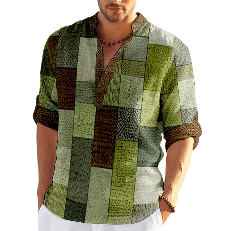 Men's Striped Geometric Pattern Geometry Shirt Button Up Shirt Long Sleeve Fashion Streetwear Designer Casual Going out Summer Spring Fall Stand Collar Print Blue-Green Yellow Black / Purple Red 2025 - $24.99 –P11