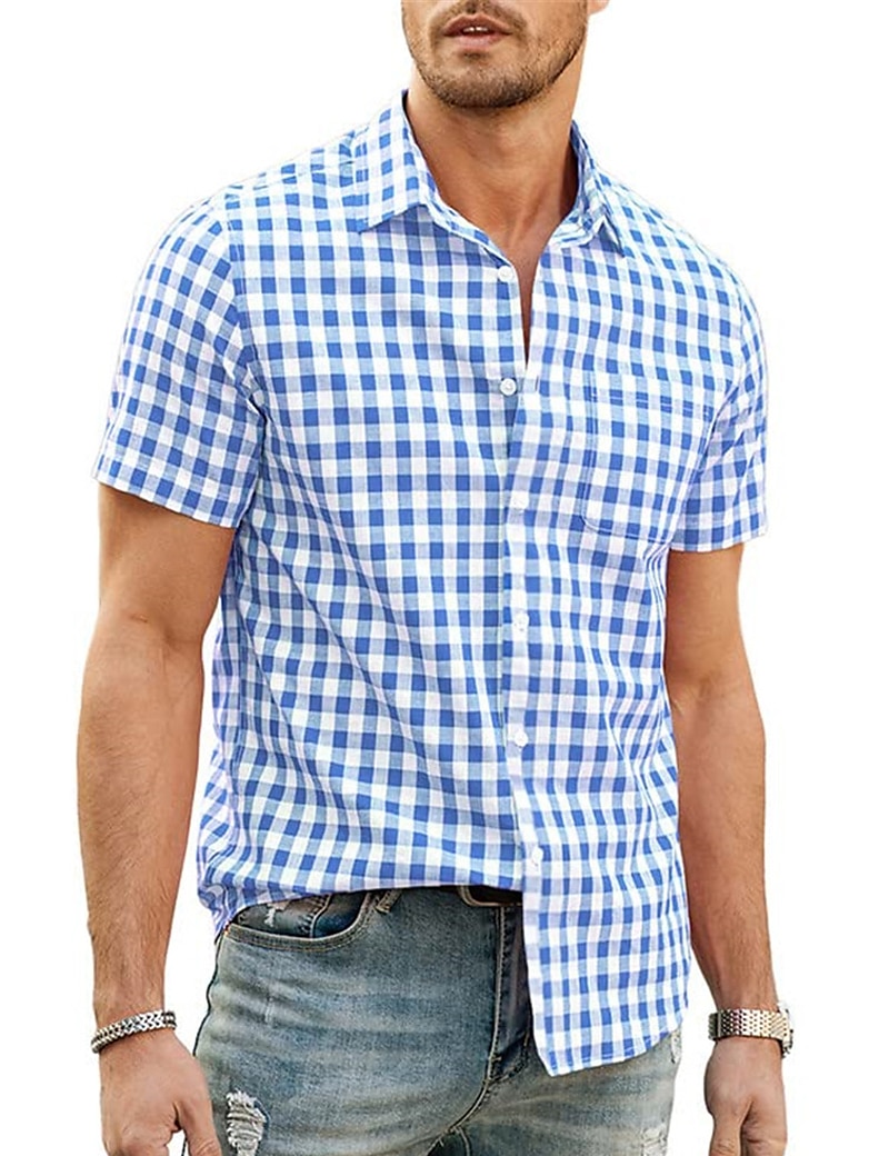 Men's Shirt Summer Shirt Casual Shirt Beach Shirt Button Up Shirt Checked Shirts Black Royal Blue Blue Red Dark Blue Short Sleeve Plaid / Check Lapel Vacation Daily Clothing Apparel Cotton Cotton 2025 - $21.99 –P1