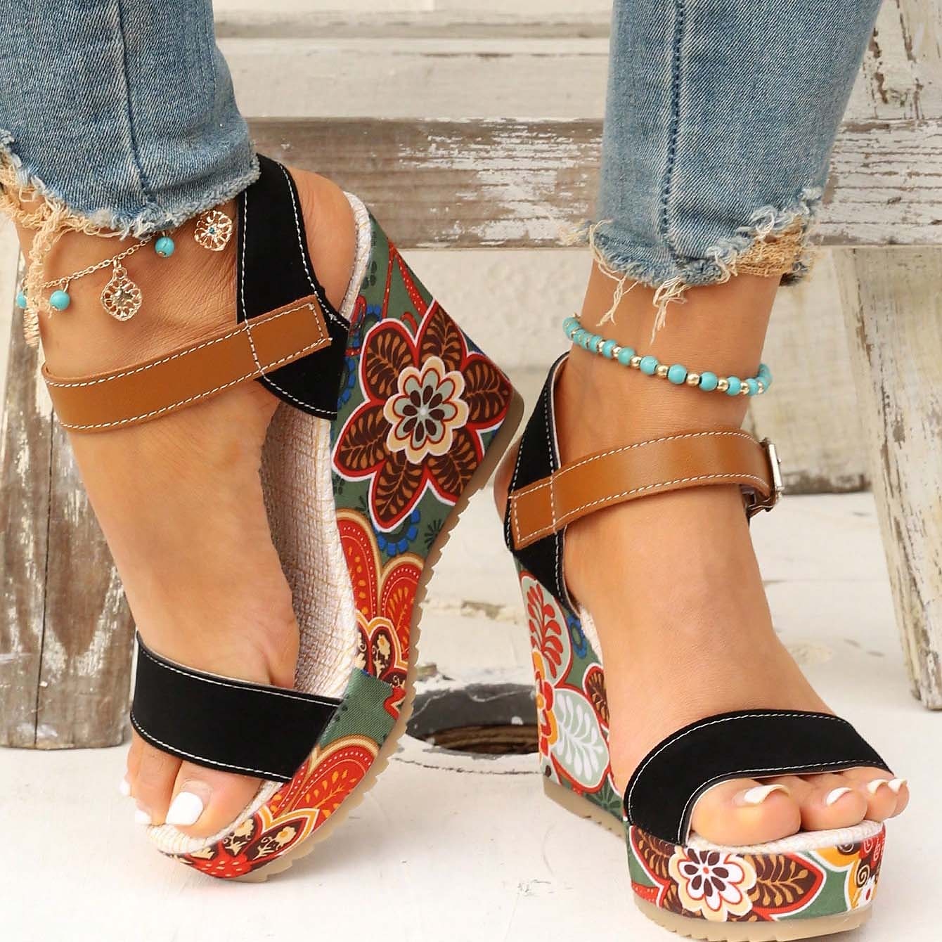 Damen-Keilsandalen im Boho-Stil mit Blumenmuster – offenes Plateaudesign mit verstellbaren Riemen für lässige Sommeroutfits 2026 - $32.99 –P9