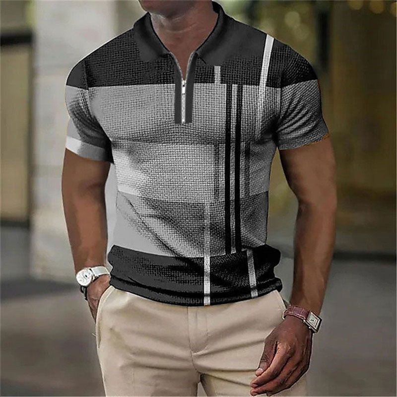 Herren Farbblock Gestreift Grafik-Drucke Geometrie Poloshirt Zip Polo Golfhemd Kurzarm Hemd Umlegekragen Outdoor Strasse Meerblau Gelb Blau Grün Grau Zip Bedruckt Bekleidung Modisch Designer 2025 - $22.99 –P5