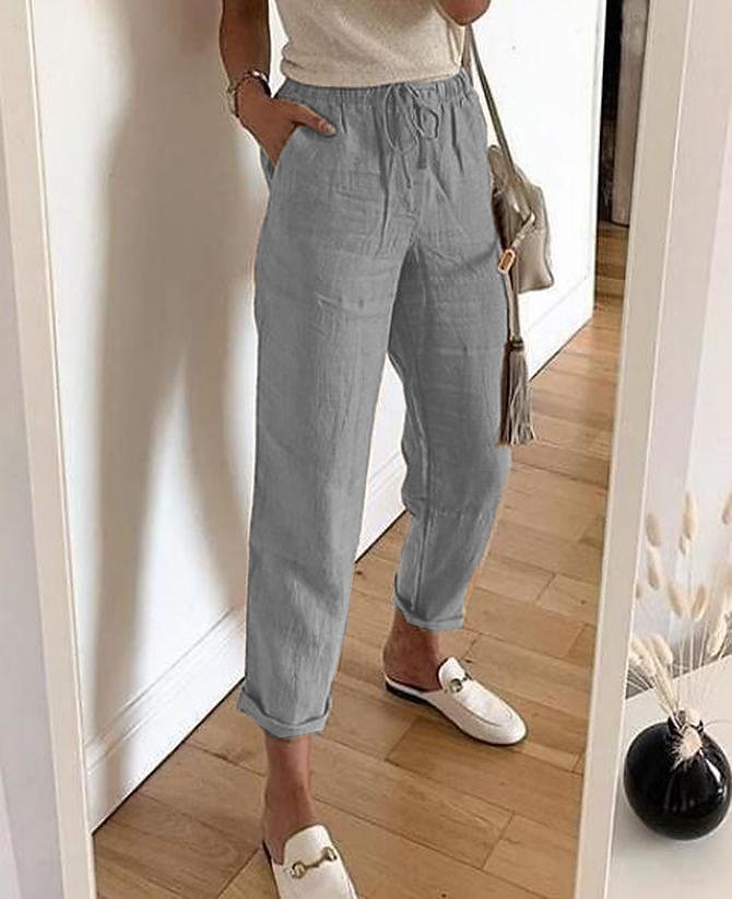 Femmes Pantalon en coton et lin Pantalons Mode Longueur complète Uni Poches Latérales Confort Non Elastique Décontracté Quotidien Noir Blanche Kaki Gris Coupe régulière de 2025 ? $21.99 –P7