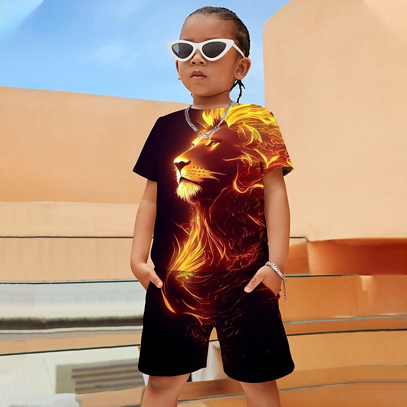 Set îmbrăcăminte băieți, tricou și pantaloni scurți cu grafică 3D pentru animale leu, set îmbrăcăminte mânecă scurtă, imprimeuri 3D, vară primăvară, sport activ, la modă, poliester, copii 4-12 ani, activități în aer liber, stradă, vacanță, croială standar 2025 - $17.99 –P5