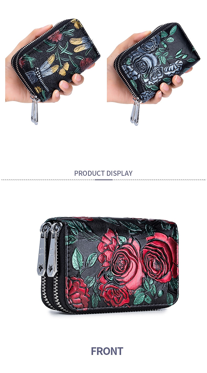 mode rfid vrouwen kaarthouder split lederen dubbele rits kaarthouder grote capaciteit 3d bloem bedrukte dame vrouwen portefeuilles portemonnee 2025 - $20.99 –P12