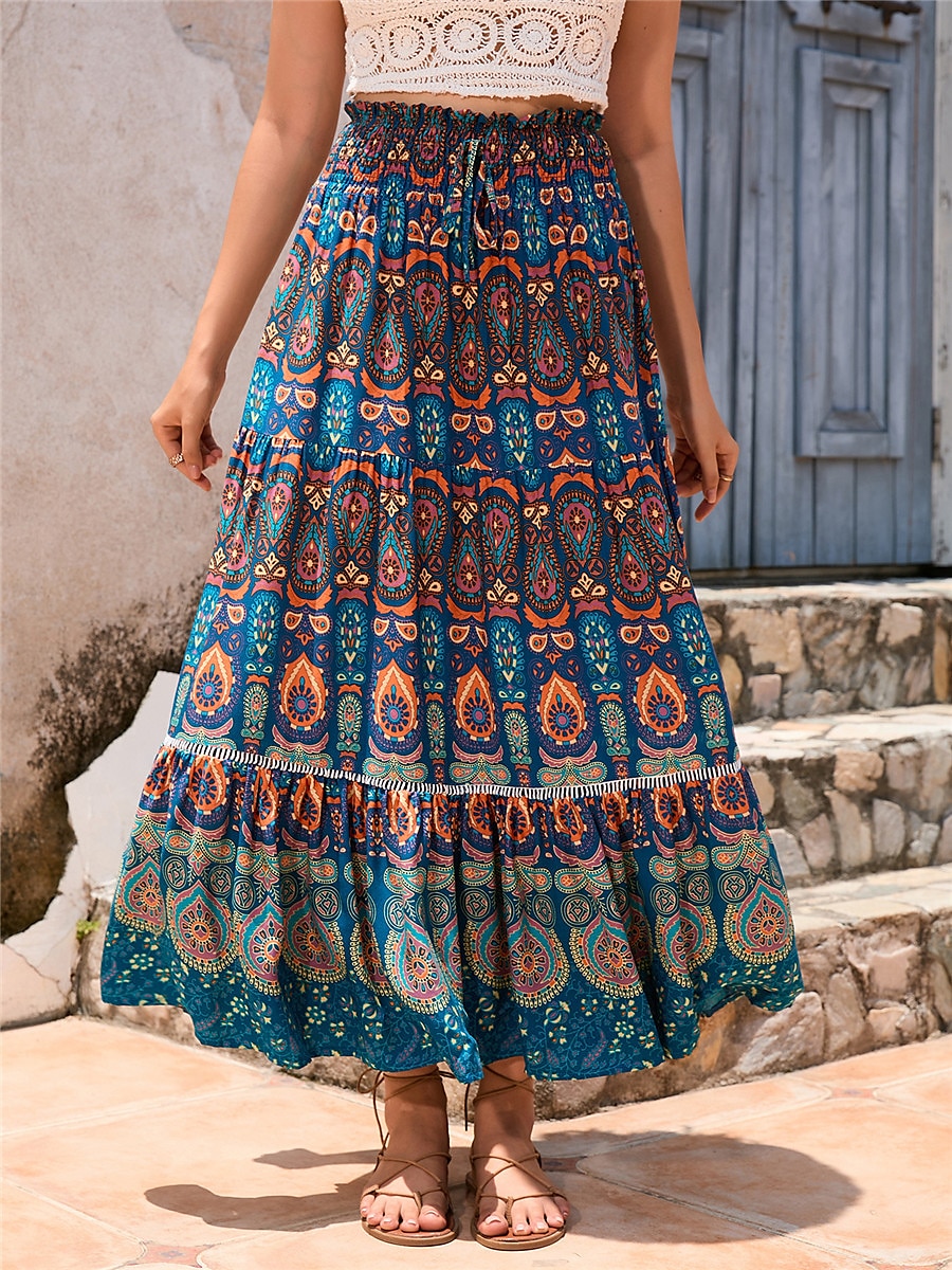 Dam Kjol Gunga Böhmen Maxi Hög midja Kjolar Plisserad Mönster Färgblock Blommig Semester Utekväll Sommar Bomull Polyester Vintage Retro / vintage Etnisk Ledigt Rubinrött Marinblå Kungsblå 2025 - $25.99 –P18