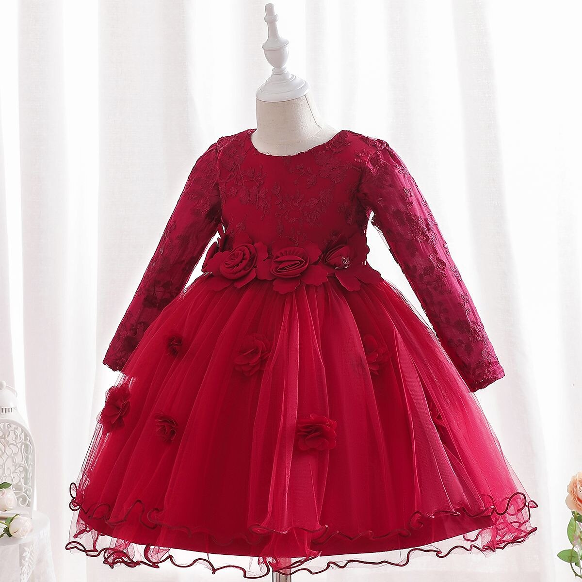 Kids Girls' Dress Party Dress Flower Long Sleeve Special Occasion Birthday Mesh Embroidered Princess Sweet Polyester Midi Party Dress Summer Spring 4-12 Years Pink Wine Green 2025 - $43.99 –P2