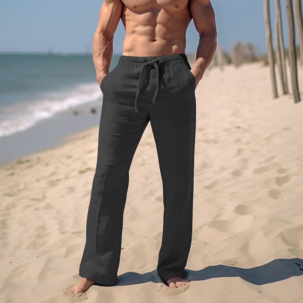 Men's Linen Pants Trousers Summer Pants Beach Pants Plain Breathable Soft  Casual Daily Holiday Linen / Cotton Blend Fashion Streetwear Black Sky Blue  Micro-elastic 2024 - $20.99