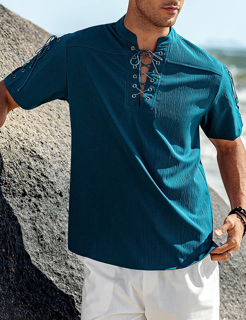 Homens Camisa Social camisa de linho Camisa casual camisa de praia Tecido Férias Havaiana Preto Branco Azul Marron Manga Curta Colarinho Chinês Primavera Verão Roupa Básico de 2026 por $25.99 –P2