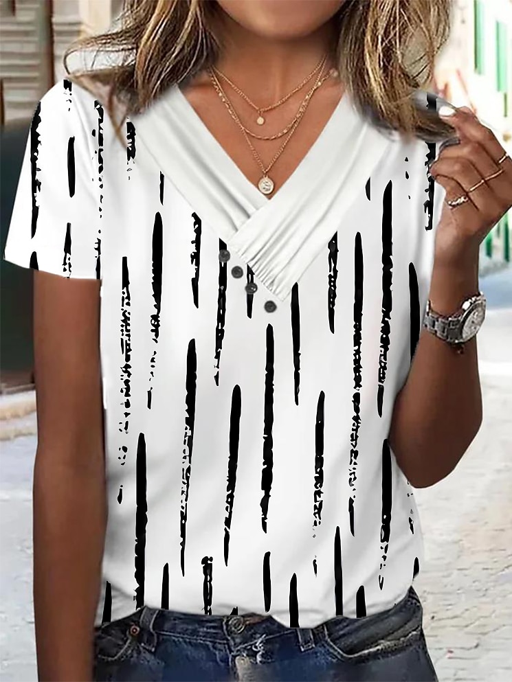 Damen T Shirt Graphic Elegant Modisch Basic Kurzarm V Ausschnitt Normale Oberteile Täglich Wochenende Knopf Bedruckt Schwarz Weiß Rosa Blau Grün 2025 - $15.99 –P5