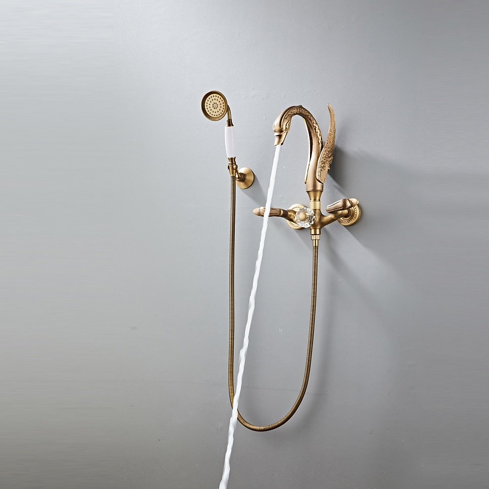 vintage messinginen suihkuhanasetti käsisuihkulla, perinteinen kylpyammeen juoksuputki kaksikahvainen kylpyamme hana seinään kiinnitettävä 2026 - ₩881654 –P6
