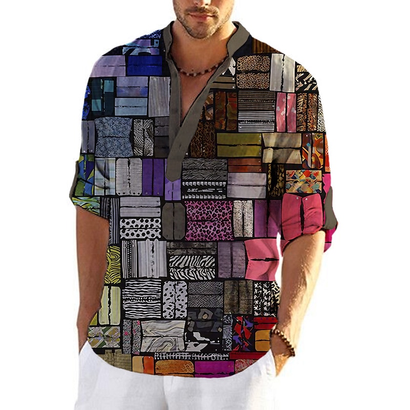 Voor heren Kleurenblok Geometrisch patroon Geometrie Overhemd Overhemd met knopen Lange mouw Modieus Streetwear Ontwerper Buiten Dagelijks Zomer Lente Herfst Opstaand Afdrukken Rood Marine Blauw 2025 - $24.99 –P3