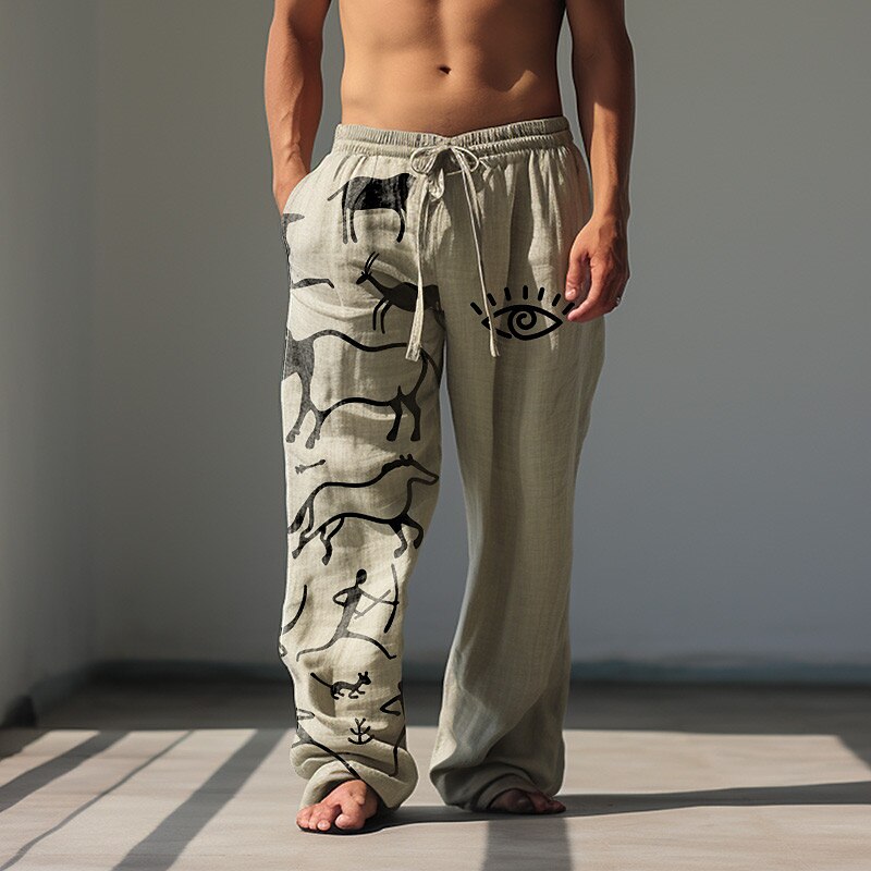 Men's Graphic Prints Linen Pants Trousers Summer Pants Mid Waist Vintage Classic Style Casual Daily Holiday Drawstring Elastic Waist 3D Print Spring & Summer 3D Print Blue Green Khaki 2025 - $28.99 –P4
