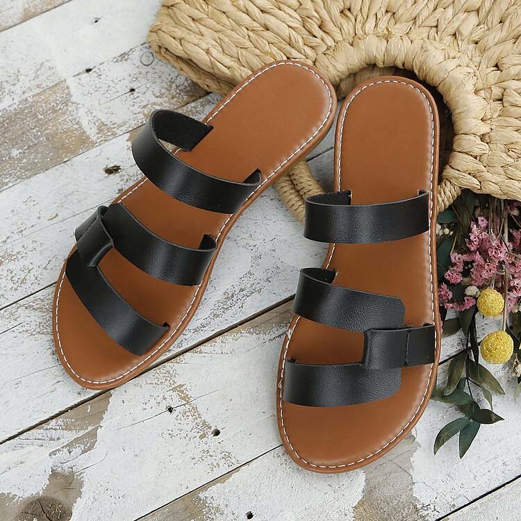 Women's Sandals Slippers Flat Sandals Plus Size Comfort Shoes Daily Solid Color Summer Flat Heel Open Toe Fashion Casual PU Loafer Black White Light Brown 2023 - AED 79 –P7