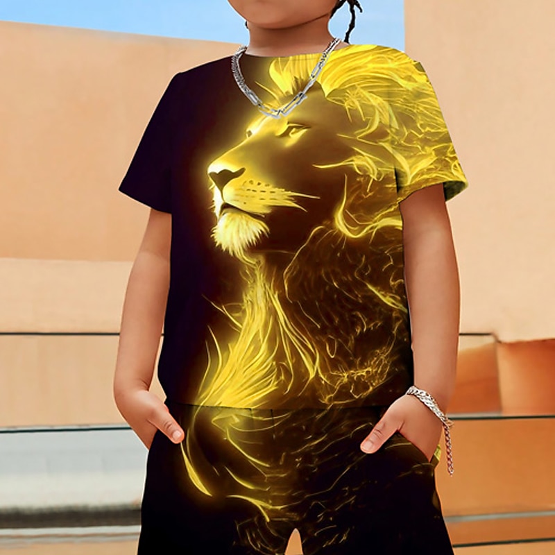 Set îmbrăcăminte băieți, tricou și pantaloni scurți cu grafică 3D pentru animale leu, set îmbrăcăminte mânecă scurtă, imprimeuri 3D, vară primăvară, sport activ, la modă, poliester, copii 4-12 ani, activități în aer liber, stradă, vacanță, croială standar 2025 - $17.99 –P2