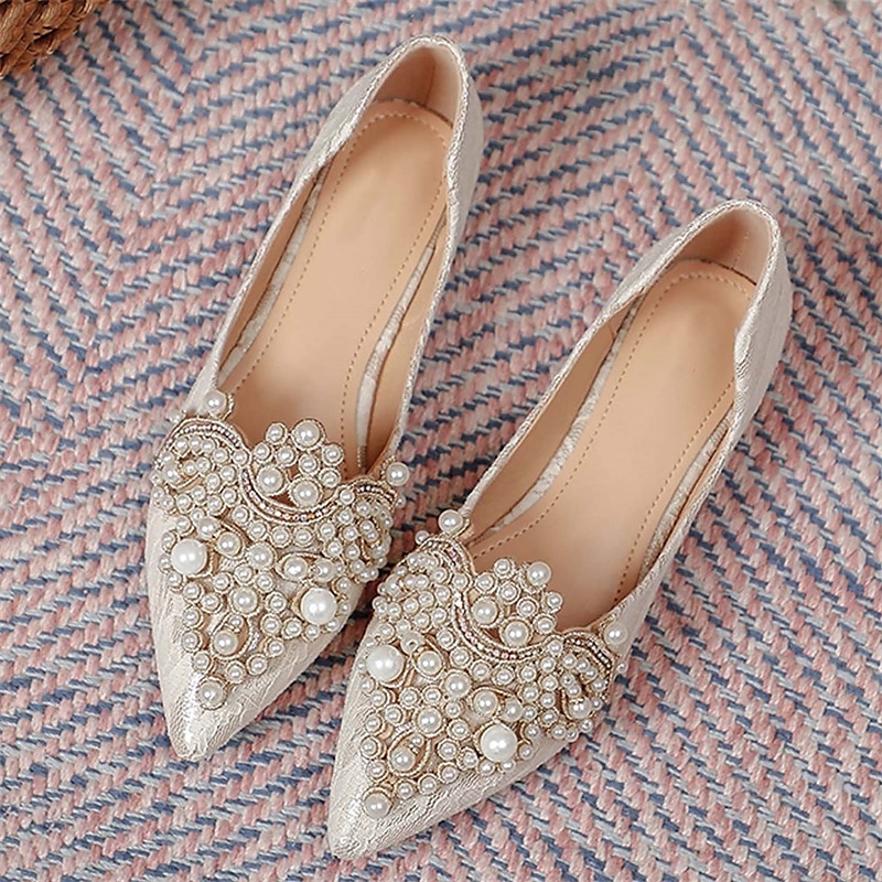 Hochzeitsschuhe für Braut, Brautjungfer, Damen, geschlossene Zehenpartie, spitze Zehenpartie, Aprikosenschwarze PU-Flats mit Imitationsperlenkristall, flacher Absatz, Hochzeit, Party, Valentinstag, eleganter Klassiker 2025 - $46.99 –P14